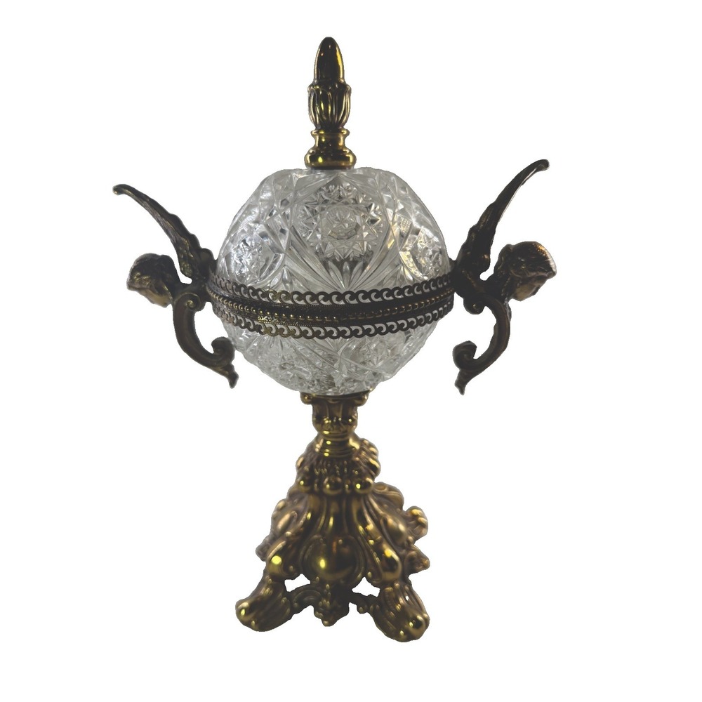 Vintage Hollywood Regency Cut Crystal Candy Dish Brass Cherub Lidded Compote